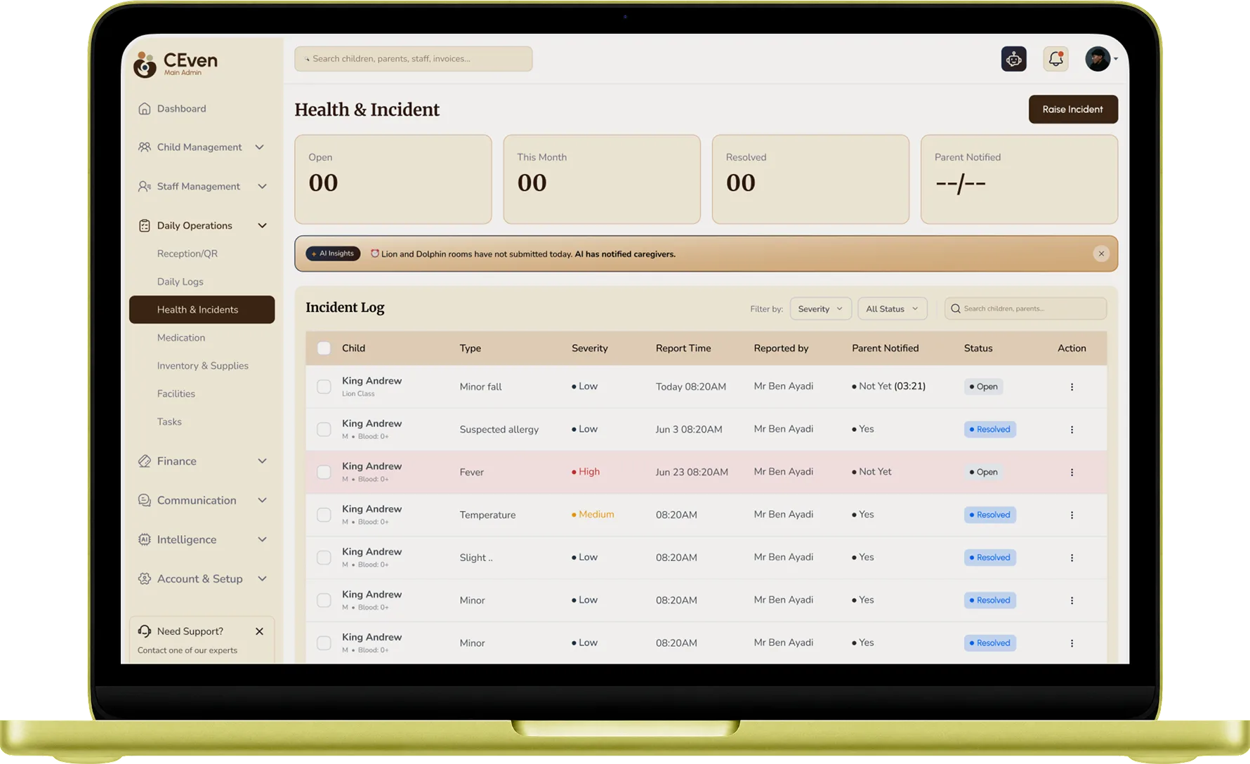 CEven Crèche Operations Dashboard on MacBook